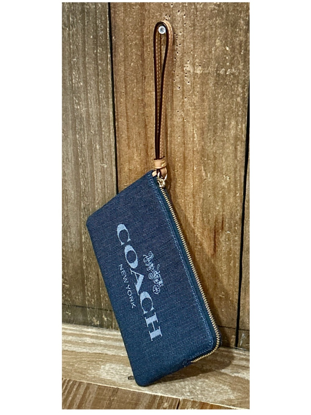 Coach Denim and Leather Large Signature Corner Zip Wristlet. - Picture 3 of 14